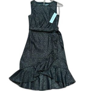 Calvin Klein Faux Wrap Dress Black Metallic Ruffle Hem Stretch Dress Sz 6 NWT
